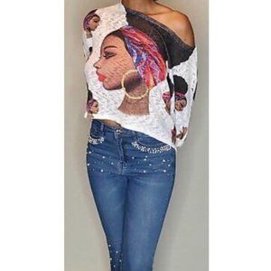 Love J. Afro Bun Loose Knit Top in Off-White, Size S, NEW